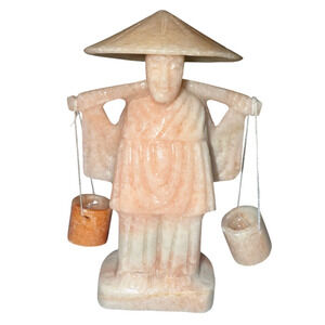 Vintage Asian Alabaster Fisherman Figurine 3.5” Hand-Carved Stone Sculpture